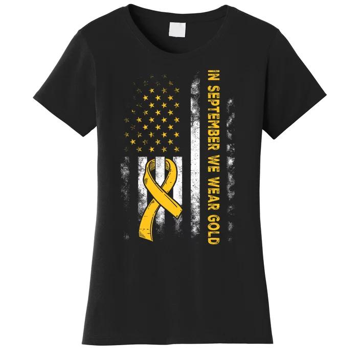 In September We Wear Gold Us Flag Childhood Cancer Awareness Women's T-Shirt