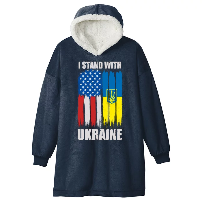 I Stand With Ukraine Painted USA Ukrainian Flags Hooded Wearable Blanket