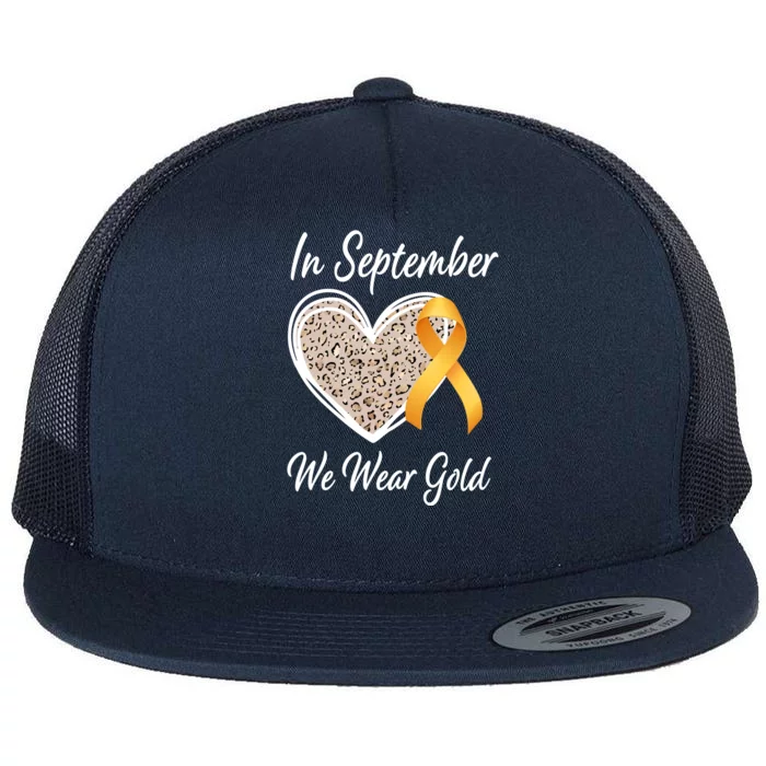 In September We Wear Gold Leopard Print Rainbow Childhood Cancer Awareness Flat Bill Trucker Hat