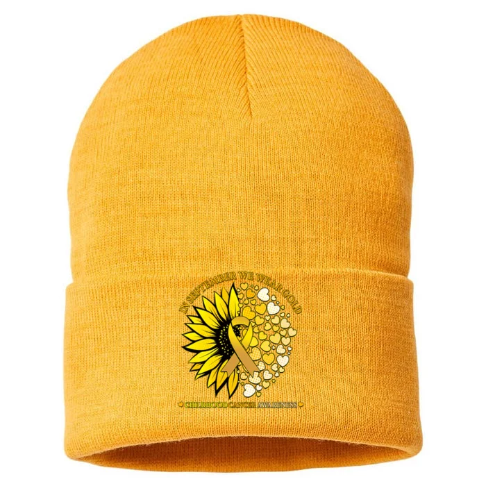 In September We Wear Gold Childhood Cancer Awareness Sunflower Ribbon Sustainable Knit Beanie