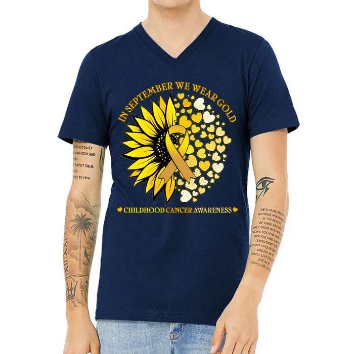 In September We Wear Gold Childhood Cancer Awareness Sunflower Ribbon V-Neck T-Shirt