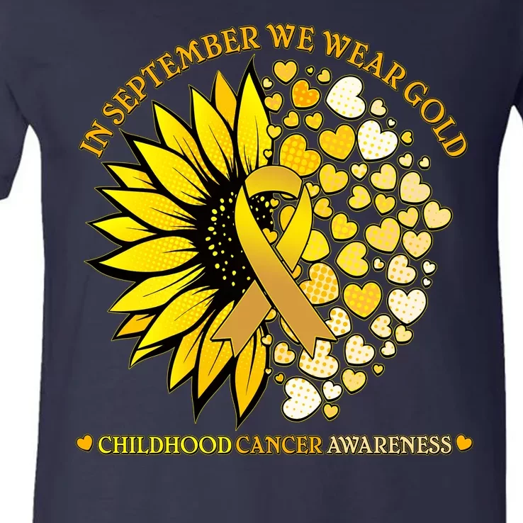 In September We Wear Gold Childhood Cancer Awareness Sunflower Ribbon V-Neck T-Shirt