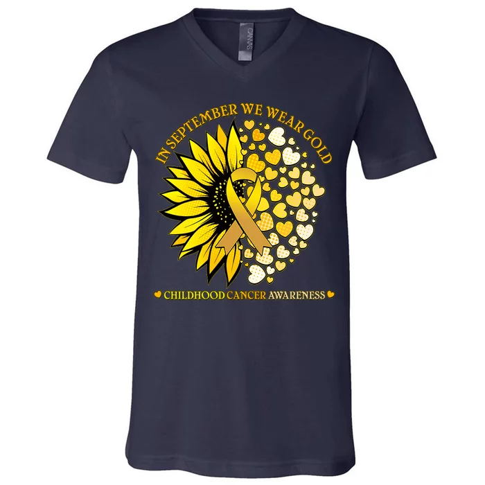 In September We Wear Gold Childhood Cancer Awareness Sunflower Ribbon V-Neck T-Shirt