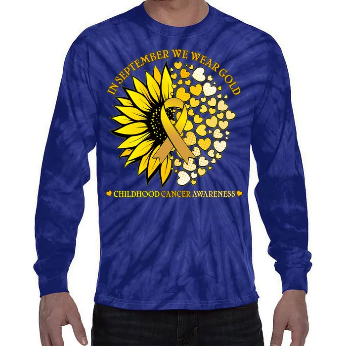 In September We Wear Gold Childhood Cancer Awareness Sunflower Ribbon Tie-Dye Long Sleeve Shirt