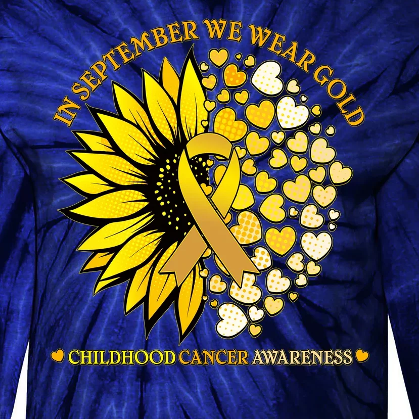 In September We Wear Gold Childhood Cancer Awareness Sunflower Ribbon Tie-Dye Long Sleeve Shirt