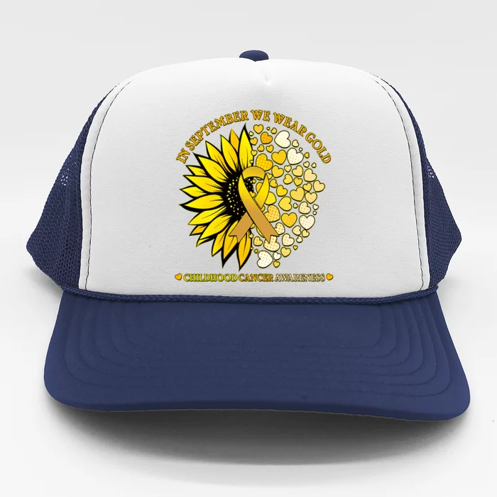 In September We Wear Gold Childhood Cancer Awareness Sunflower Ribbon Trucker Hat