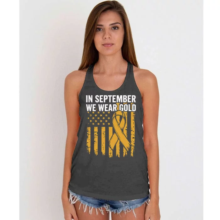 In September We Wear Gold Childhood Cancer Awareness Women's Knotted Racerback Tank