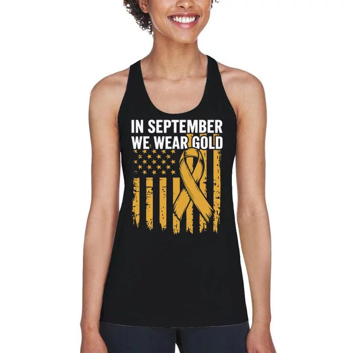 In September We Wear Gold Childhood Cancer Awareness Us Flag Women's Racerback Tank