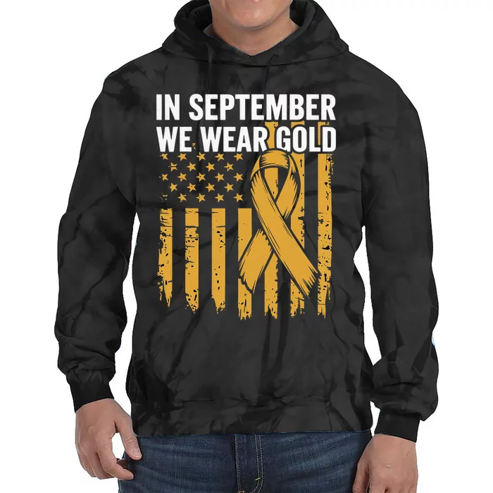 In September We Wear Gold Childhood Cancer Awareness Us Flag Tie Dye Hoodie