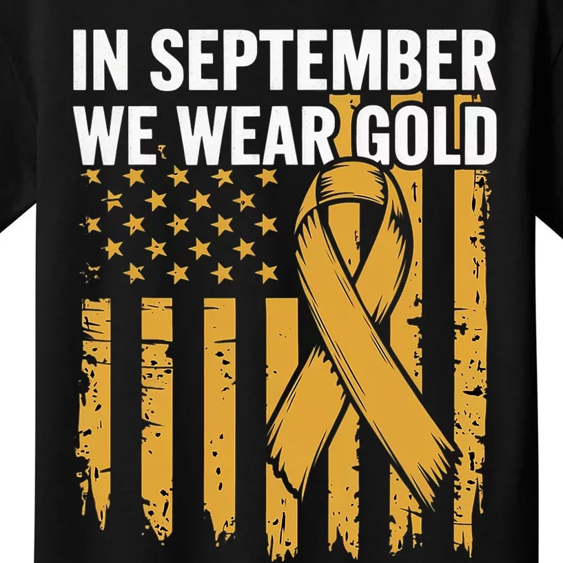 In September We Wear Gold Childhood Cancer Awareness Us Flag Kids T-Shirt