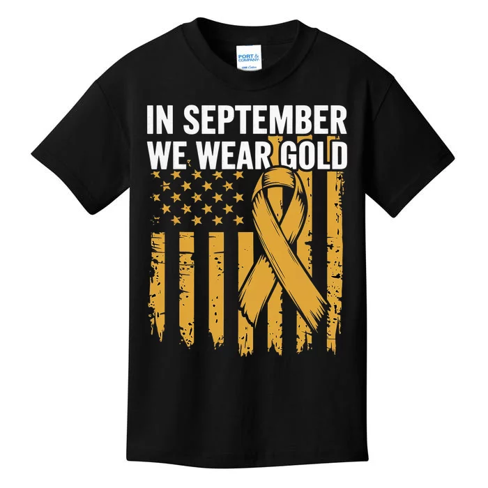 In September We Wear Gold Childhood Cancer Awareness Us Flag Kids T-Shirt