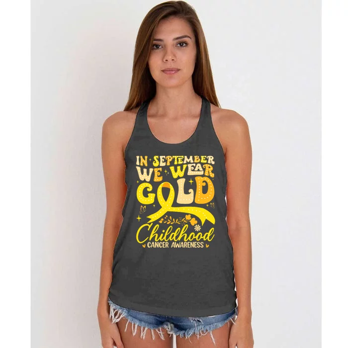 In September We Wear Gold Childhood Cancer Awareness Groovy Women's Knotted Racerback Tank