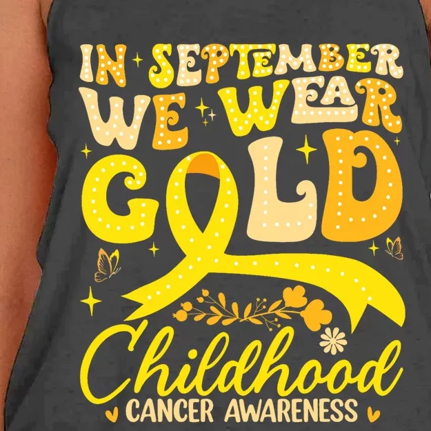 In September We Wear Gold Childhood Cancer Awareness Groovy Women's Knotted Racerback Tank