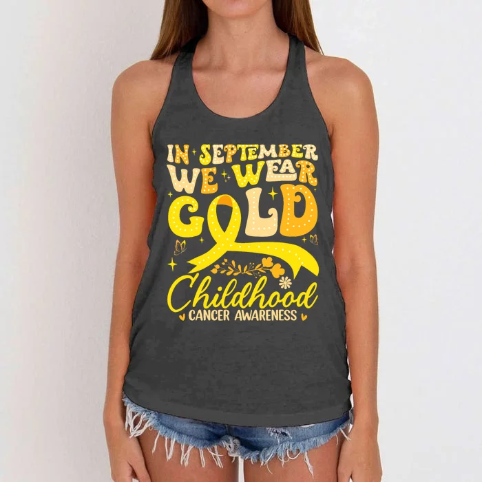 In September We Wear Gold Childhood Cancer Awareness Groovy Women's Knotted Racerback Tank