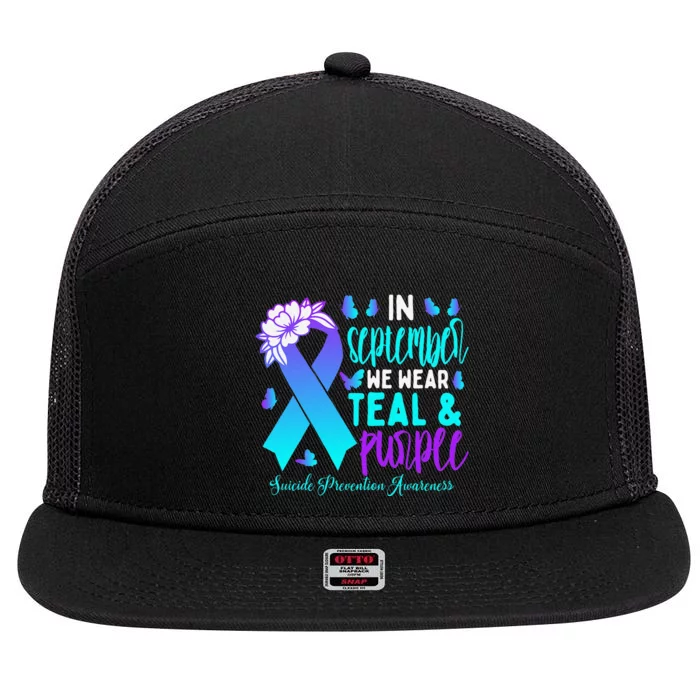 In September We Wear Teal Purple Ribbon Suicide Prevention 7 Panel Mesh Trucker Snapback Hat