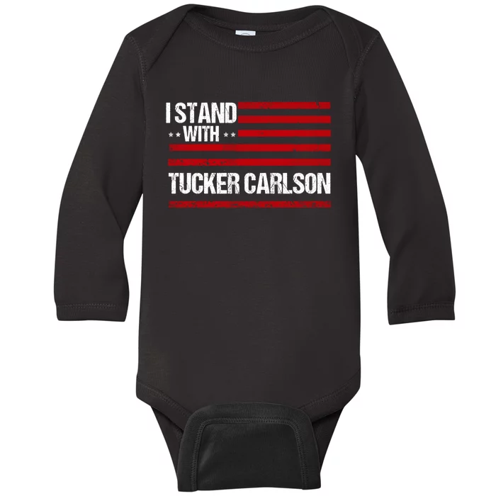 I Stand With Tucker Carlson Vintage American Flag Baby Long Sleeve Bodysuit