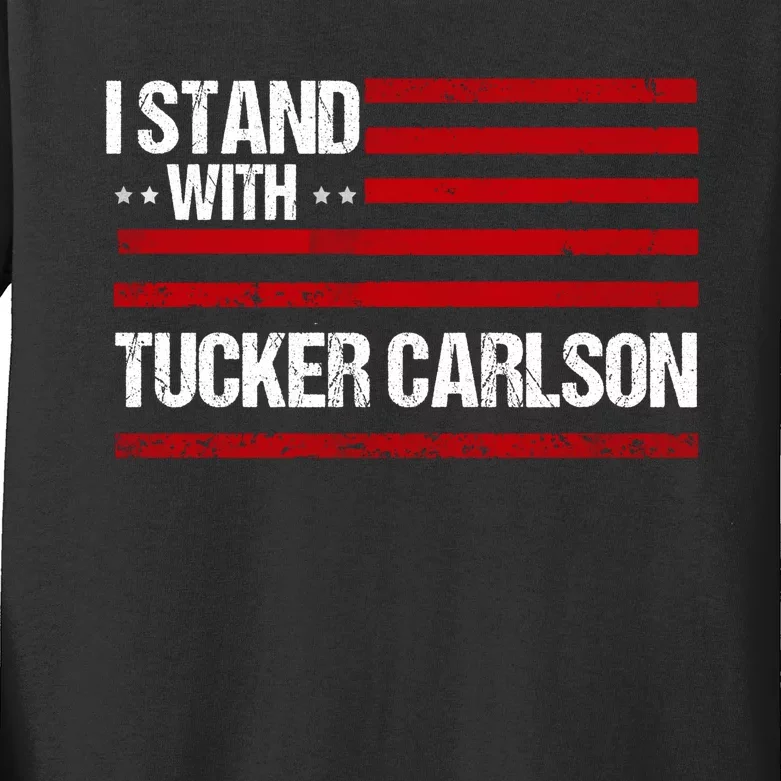 I Stand With Tucker Carlson Vintage American Flag Kids Long Sleeve Shirt