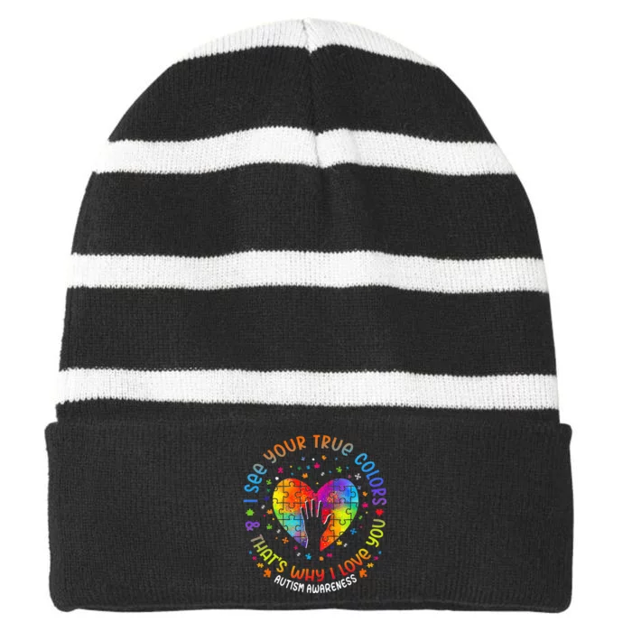 I See Your True Colors Puzzle World Autism Awareness Month Striped Beanie with Solid Band