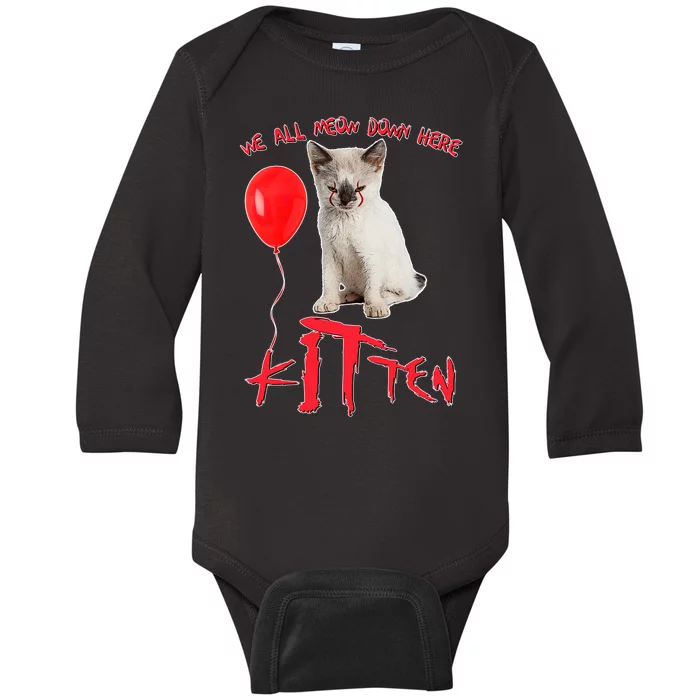 IT Kitten We All Meow Down Here Funny Halloween Baby Long Sleeve Bodysuit