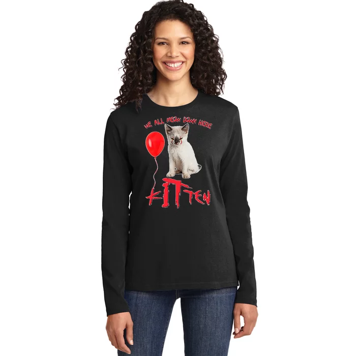 IT Kitten We All Meow Down Here Funny Halloween Ladies Long Sleeve Shirt