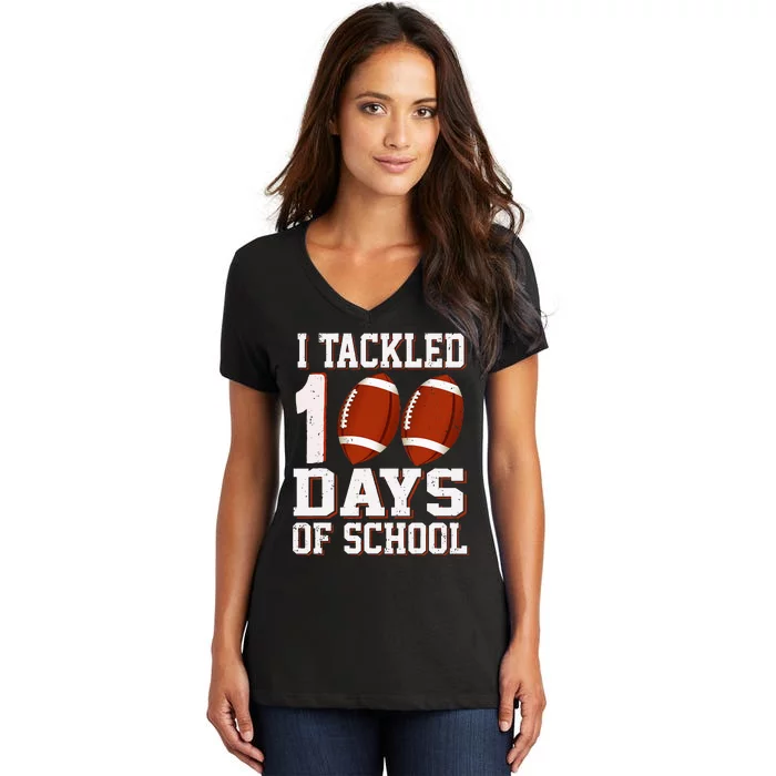 I Tackled 100 Days School 100th Day Football Student Teacher Women's V-Neck T-Shirt