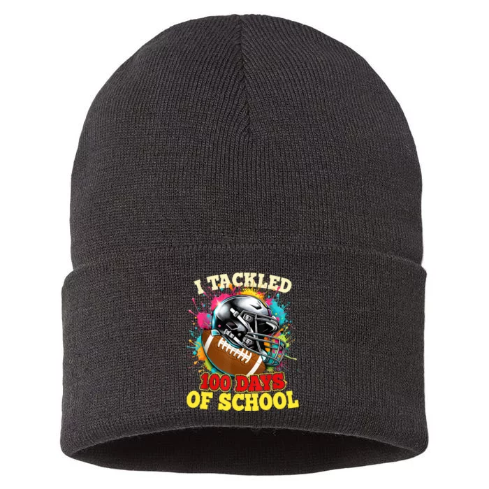 I Tackled 100 Days Of School Football Colorful Sustainable Knit Beanie