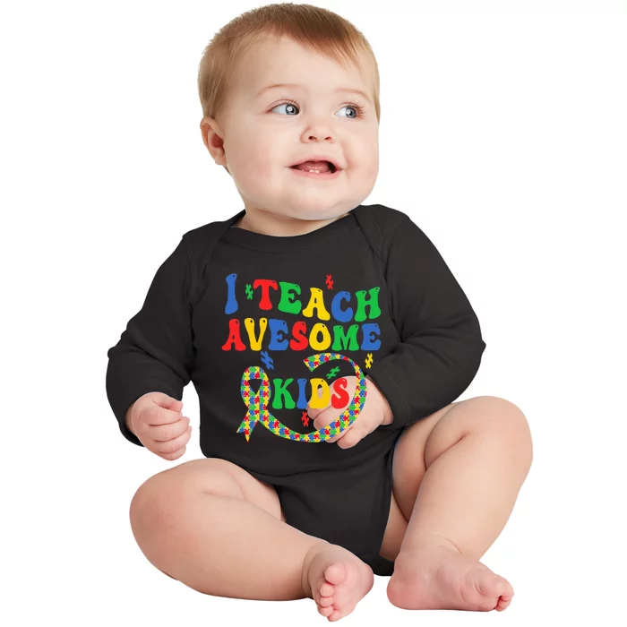 I Teach Awesome Autism Awareness Puzzle Ribbon Teacher Baby Long Sleeve Bodysuit