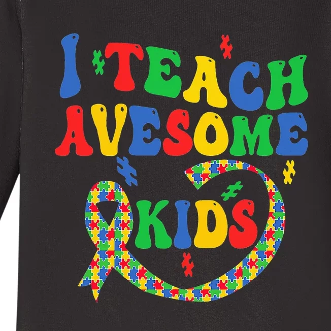 I Teach Awesome Autism Awareness Puzzle Ribbon Teacher Baby Long Sleeve Bodysuit