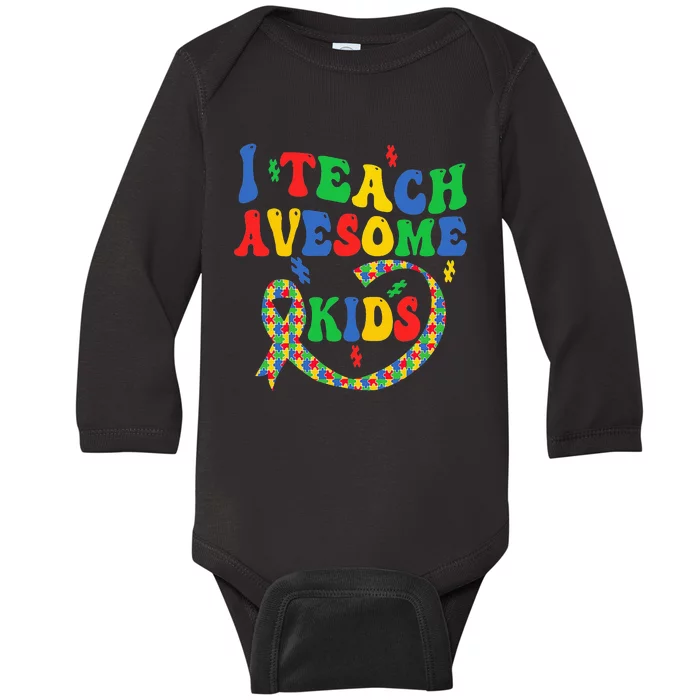 I Teach Awesome Autism Awareness Puzzle Ribbon Teacher Baby Long Sleeve Bodysuit