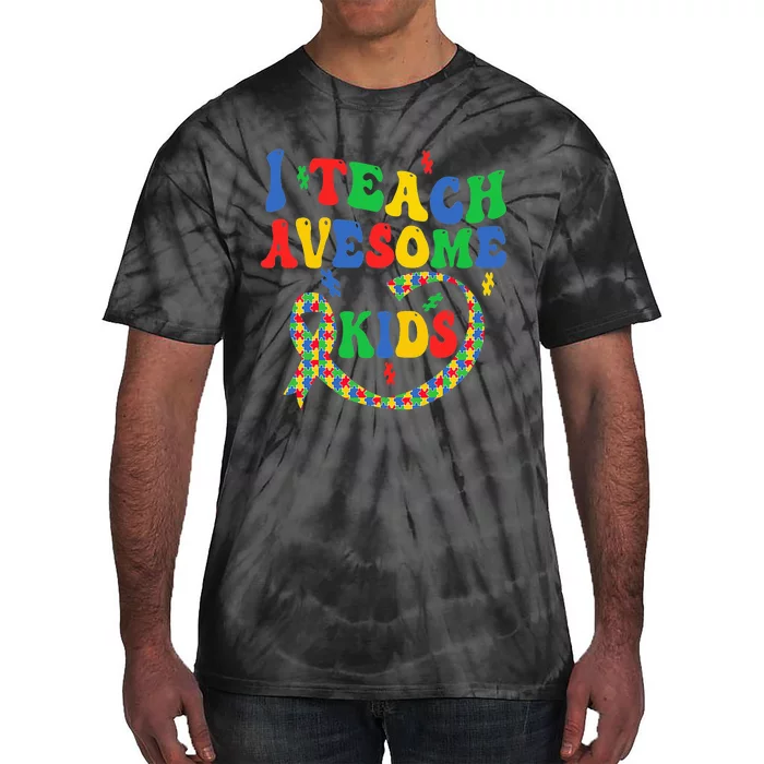 I Teach Awesome Autism Awareness Puzzle Ribbon Teacher Tie-Dye T-Shirt