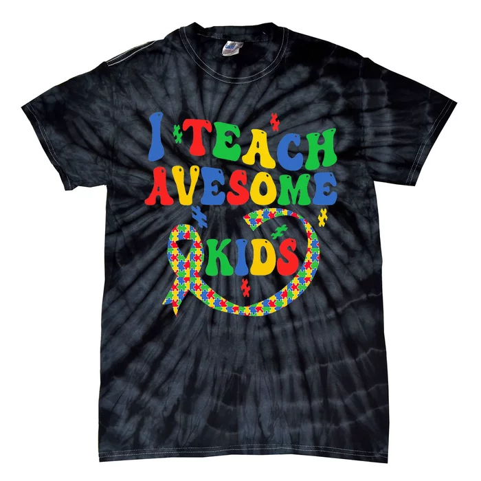 I Teach Awesome Autism Awareness Puzzle Ribbon Teacher Tie-Dye T-Shirt