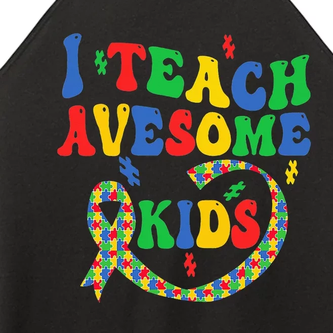 I Teach Awesome Autism Awareness Puzzle Ribbon Teacher Women’s Perfect Tri Rocker Tank