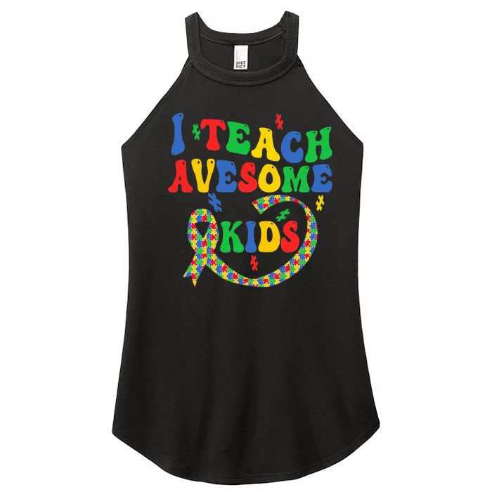 I Teach Awesome Autism Awareness Puzzle Ribbon Teacher Women’s Perfect Tri Rocker Tank