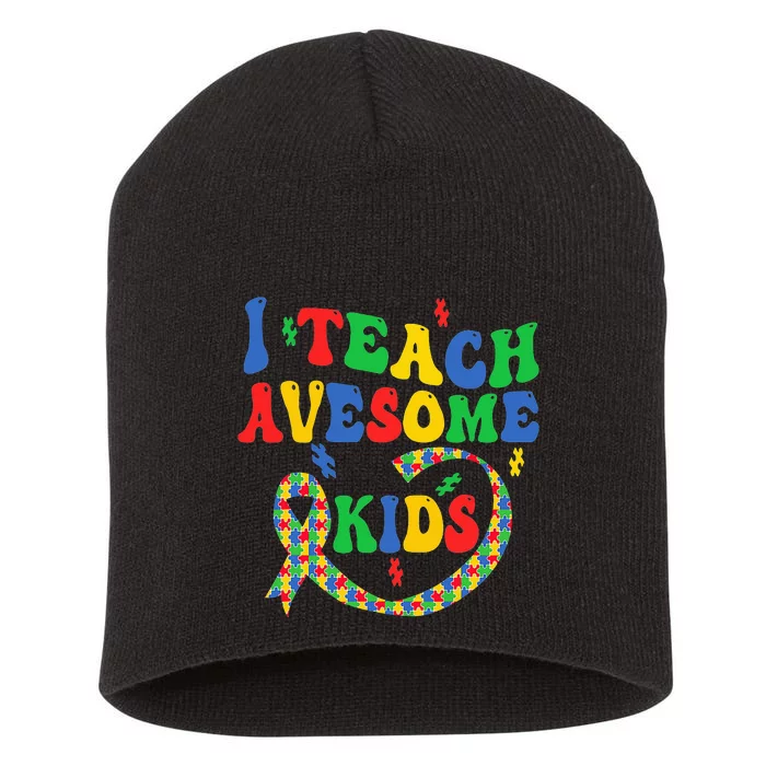 I Teach Awesome Autism Awareness Puzzle Ribbon Teacher Short Acrylic Beanie