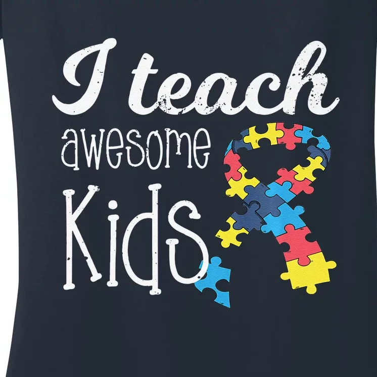 I Teach Awesome Autism Awareness Teacher Women's V-Neck T-Shirt