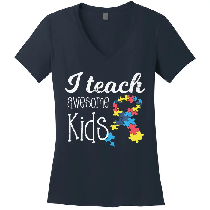 I Teach Awesome Autism Awareness Teacher Women's V-Neck T-Shirt