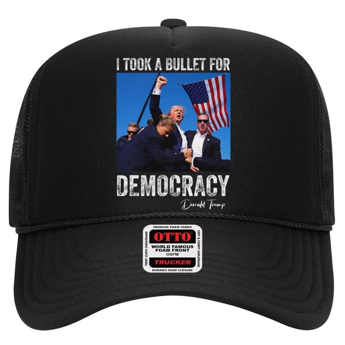 I Took Bullet For Democracy Trump Shooting Rally Trump 2024 High Crown Mesh Trucker Hat