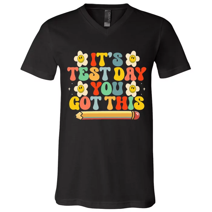 It's Test Day You Got This Teacher Retro Groovy Testing Day V-Neck T-Shirt