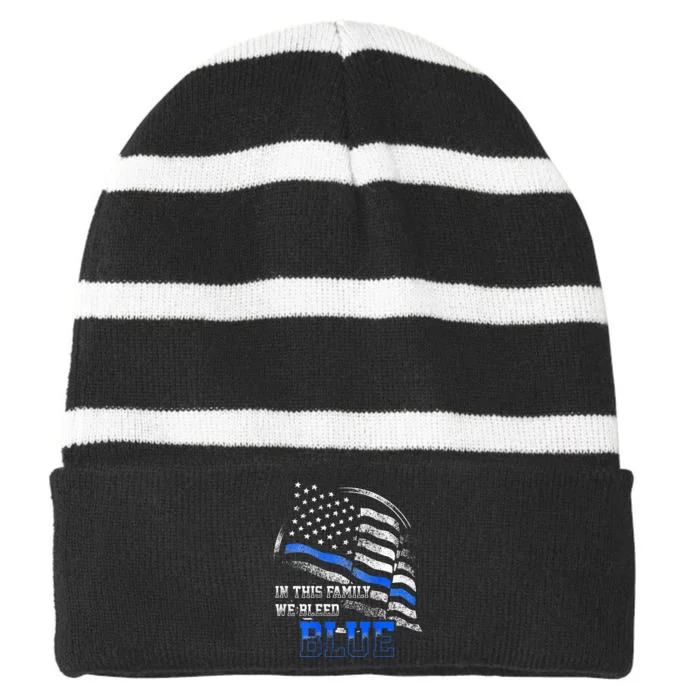 In This Family We Bleed Blue Police Blue Line Flag USA Striped Beanie with Solid Band