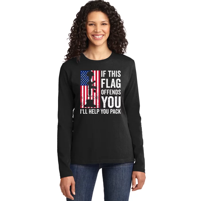 If This Flag Offends You I'll Help You Pack Veteran USA Flag Ladies Long Sleeve Shirt