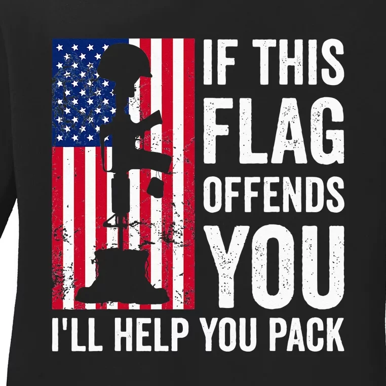 If This Flag Offends You I'll Help You Pack Veteran USA Flag Ladies Long Sleeve Shirt