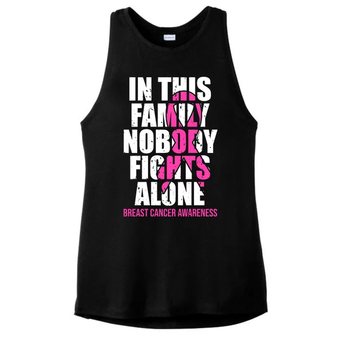 In This Family No One Fights Alone Breast Cancer Pink Ribbon Ladies Tri-Blend Wicking Tank