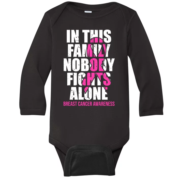 In This Family No One Fights Alone Breast Cancer Pink Ribbon Baby Long Sleeve Bodysuit