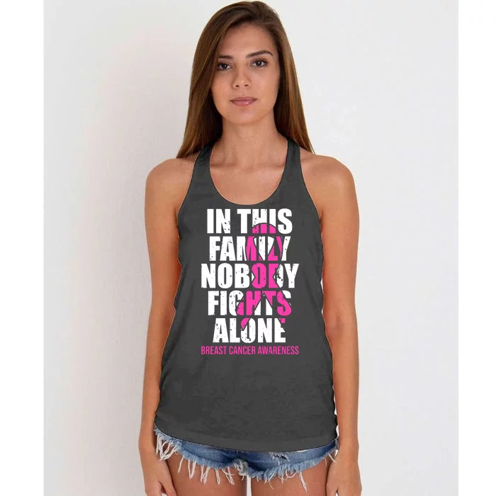 In This Family No One Fights Alone Breast Cancer Pink Ribbon Women's Knotted Racerback Tank