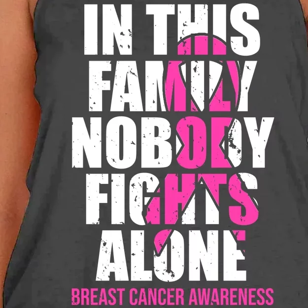 In This Family No One Fights Alone Breast Cancer Pink Ribbon Women's Knotted Racerback Tank