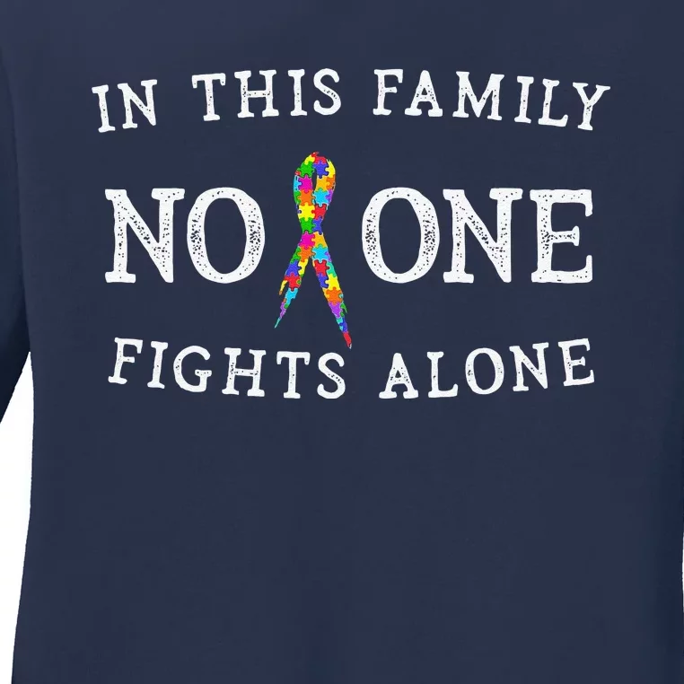 In This Family No One Fights Alone Autism Awareness Support Ladies Long Sleeve Shirt