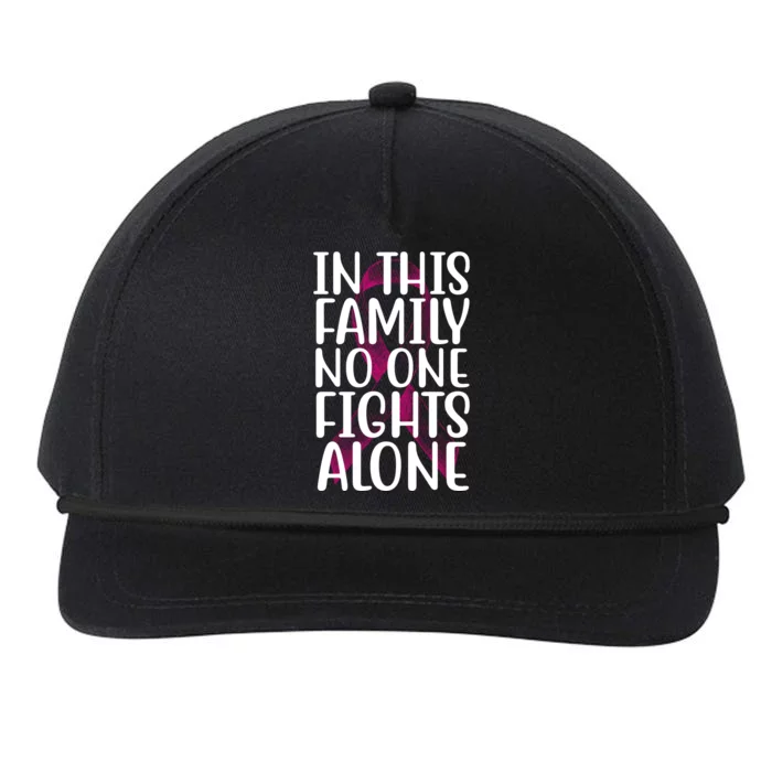 In This Family No One Fights Alone Breast Cancer Ribbon Snapback Five-Panel Rope Hat