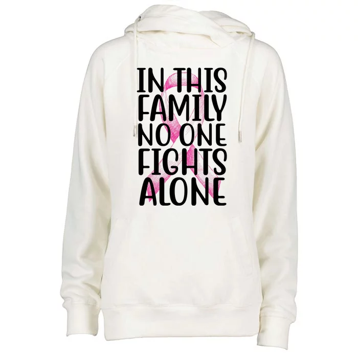 In This Family No One Fights Alone Breast Cancer Ribbon Womens Funnel Neck Pullover Hood