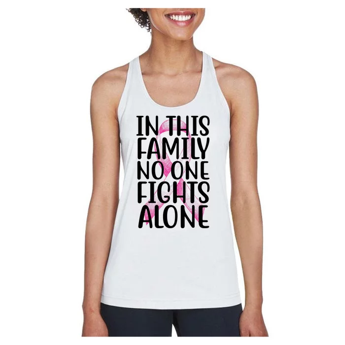 In This Family No One Fights Alone Breast Cancer Ribbon Women's Racerback Tank