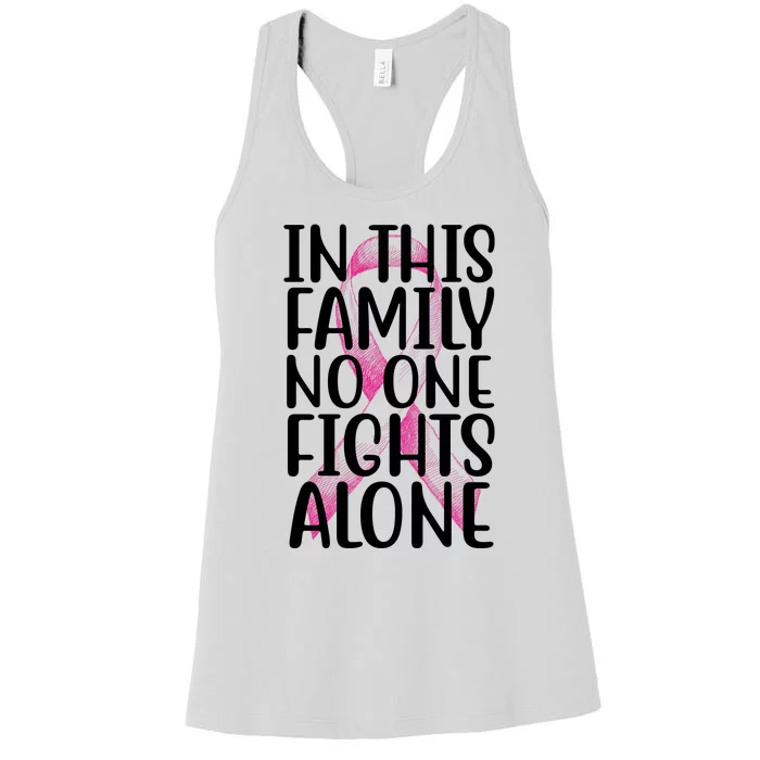 In This Family No One Fights Alone Breast Cancer Ribbon Women's Racerback Tank